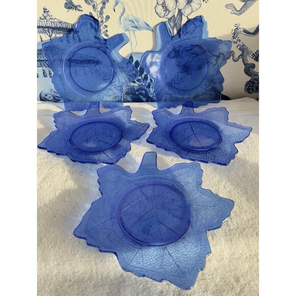 VTG Set 5 Cobalt Blue Maple Leaf Plate 8" L E Smith Vintage Mount Pleasant Salad - Picture 6 of 8